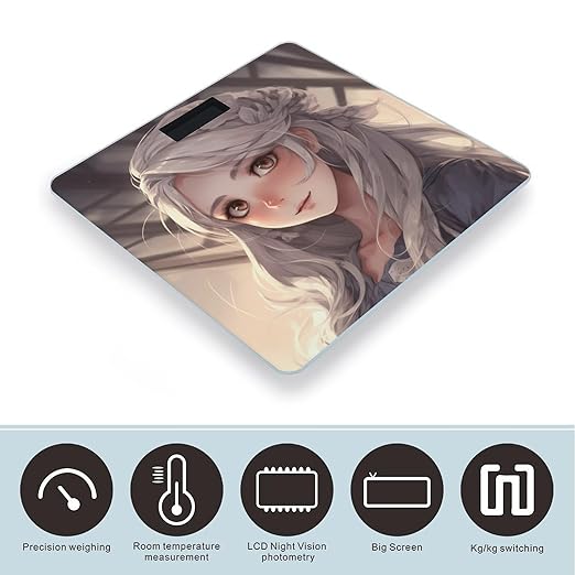 White Hair Anime Women Scale for Body Weight Highly Accurate Digital Bathroom Electronic Weighing Machine for People LCD Display Large Size Tempered Glass for Safe Home Use