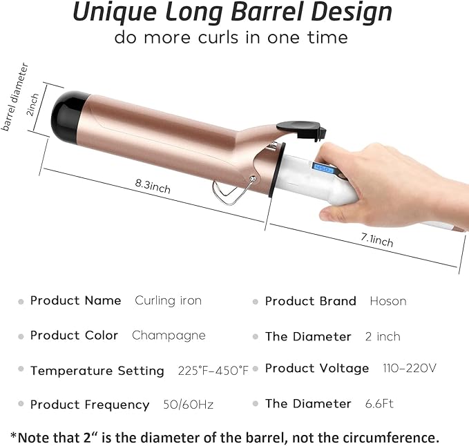 2 Inch Curling Iron Large Barrel Long Barrel Curling Wand Dual Voltage Ceramic Tourmaline Coating with LCD Display Glove Include