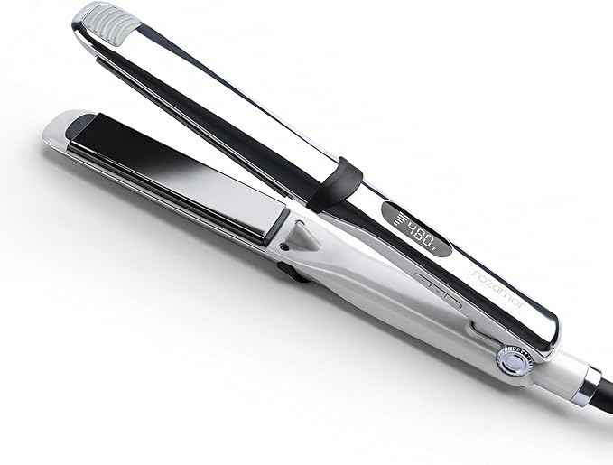 Professional Titanium Flat Iron 1 1/4 Floating Plates 2-in-1 Hair Straightener &amp Curler 10 Temps up to 480°F Negative Ion Dual Voltage Fast Heating Hair Tool – Gray