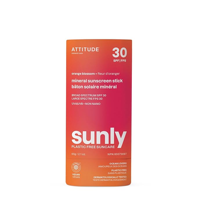 ATTITUDE Mineral Sunscreen Stick with Zinc Oxide SPF 30 EWG Verified Plastic-Free Broad Spectrum UVA/UVB Protection Dermatologically Tested Vegan Orange Blossom 2.1 Ounces
