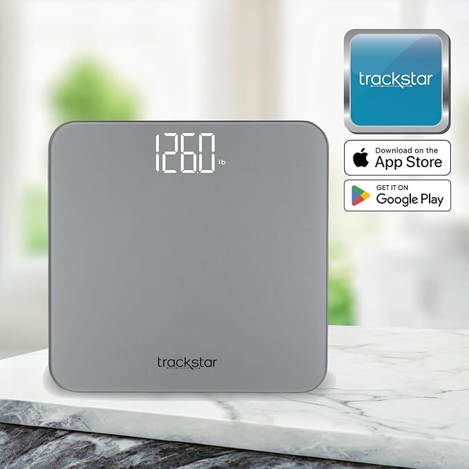 Trackstar Silver Digital Weight Scale | 440 lb Weight Capacity | Trackstar Monitoring App | Bluetooth iOS &amp Android Compatible | Measure Track and Share Results