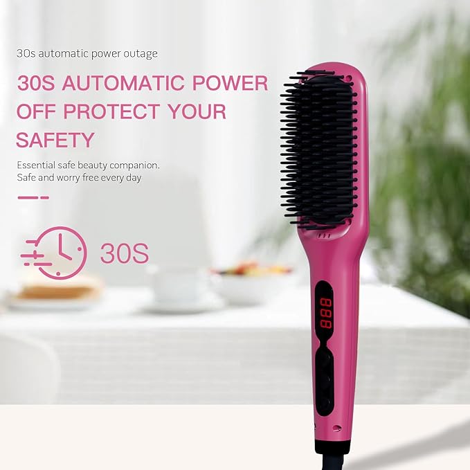 MEGAWISE Pro Ceramic Ionic Hair Straightener Brush Universal Dual Voltage Rotatable Power Cord MCH Fast 20s Heating Tech Anti-Scald Auto-Off Safety Home Salon (Rose Red)
