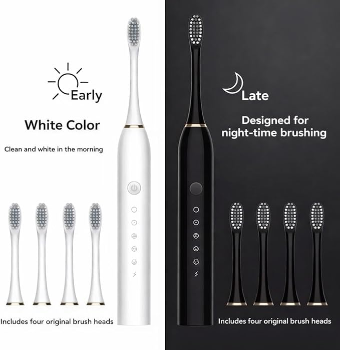 Electric Toothbrush for Adults Rechargeable Cordless Power Toothbrush with 6 Modes 4 Brush Heads 2-Min Timer Electric Tooth Brush Adult Black White Pink (White 1Handle 4Heads)