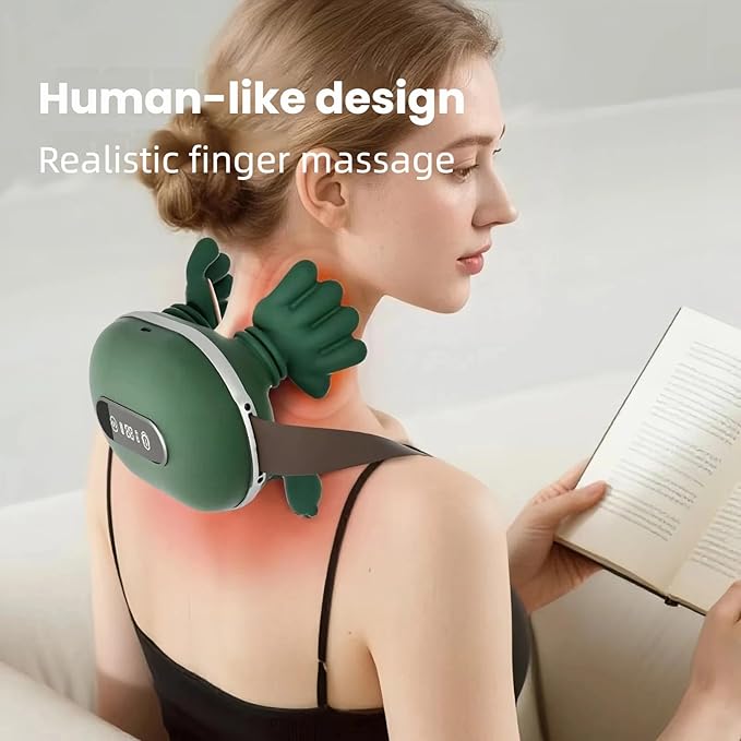 SALAN Heat Therapy Neck and Shoulder Massager Deep Muscle Tissue Massage Bionic Fingers Real Pressure-Sensitive FeedbackPortable Wireless Relax Anytime and Anywhere (Green)
