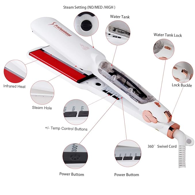 DORISILK Steam Hair Straightener and Curler Iron 2 in 1 Professional Salon Infrared Flat Iron Wide Tourmaline Ceramic Plate Vapor Straighteners for Hair Instant Heat Up Adjustable Temp 2 Inch White