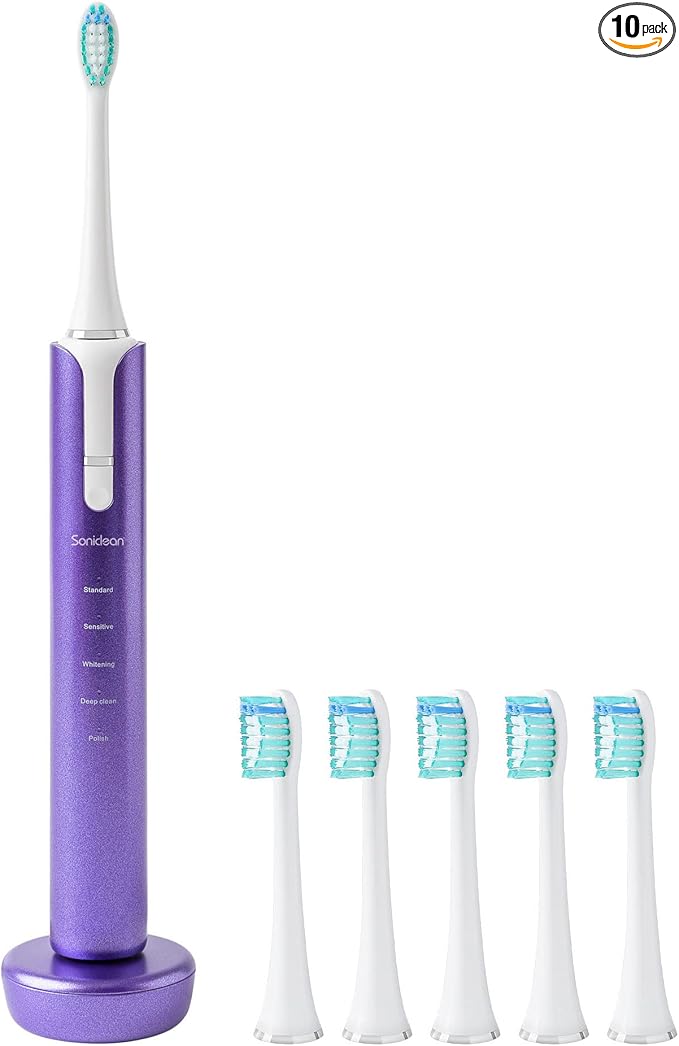 Soniclean Lux Sonic Toothbrush for Adults with 6 Toothbrush Heads Rechargeable Automatic Purple