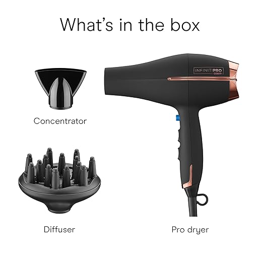 INFINITI PRO by CONAIR Hair Dryer 1875W Blow Dryer with Diffuser and Concentrator Ceramic Technology 3 Heat &amp 2 Speed Settings Cold Shot Button Black