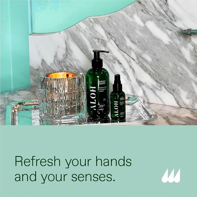 ALŌH Sanitizing Hand Gel 2-pack | Peppermint Eucalyptus + Aloe | 70% Alcohol Hydrating Hand Sanitizer Gel with Essential Oil for Kids &amp Adults | 8oz Bottle (Set of 2)