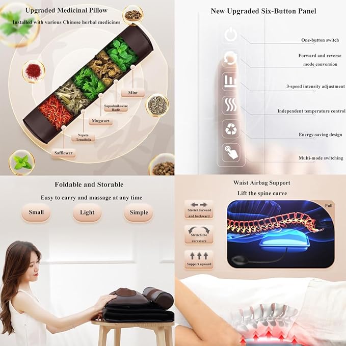 Smart Back Massager With Hot Compress FunctionTo Release Stress And Fatigue10 Vibration Massage Nodes And Chinese Medicine Stretching Round PillowChair Seat Massager For HomeBrown
