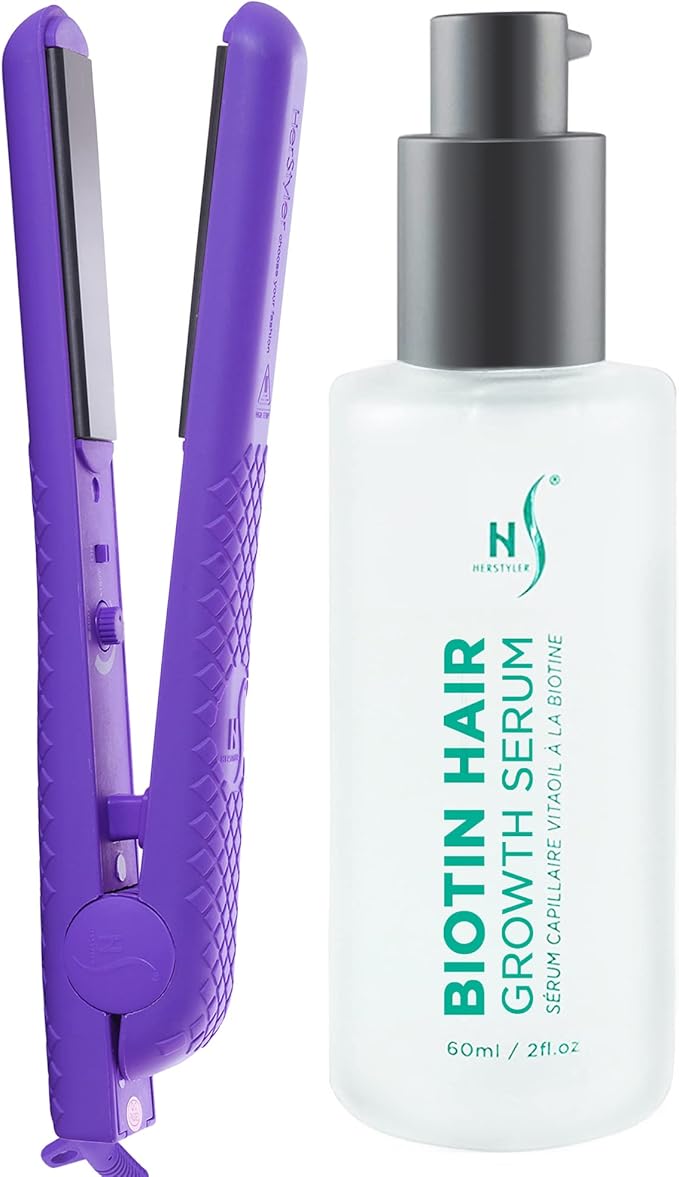 Herstyler Colorful Seasons Ceramic Flat Iron Dual Voltage 1.25 Inch Purple and Herstyler Biotin Hair Growth Serum Set