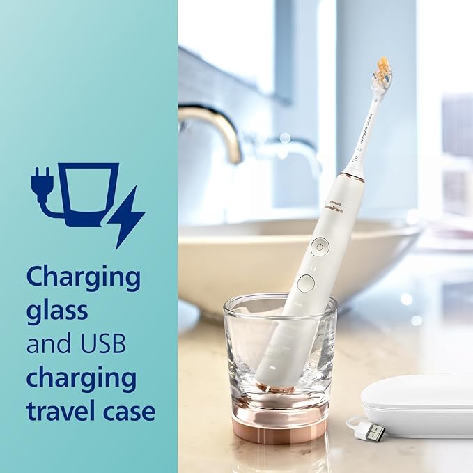 Philips Sonicare DiamondClean Smart 9500 Electric Toothbrush Sonic Toothbrush with App Pressure Sensor Brush Head Detection 5 Brushing Modes and 3 Intensity Levels Rosegold Model HX9923/61