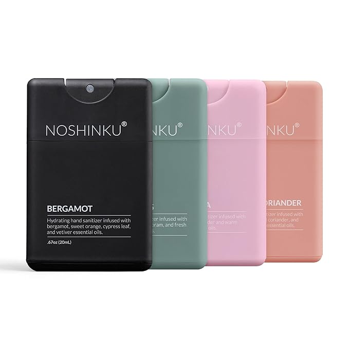 Noshinku - Refillable Hand Sanitizer Discovery 4-Pack Travel Size Spray with Hydrating Botanical Mist Natural Ingredients All Natural Fragrances Sugarcane Derived Alcohol No Parabens No Dyes