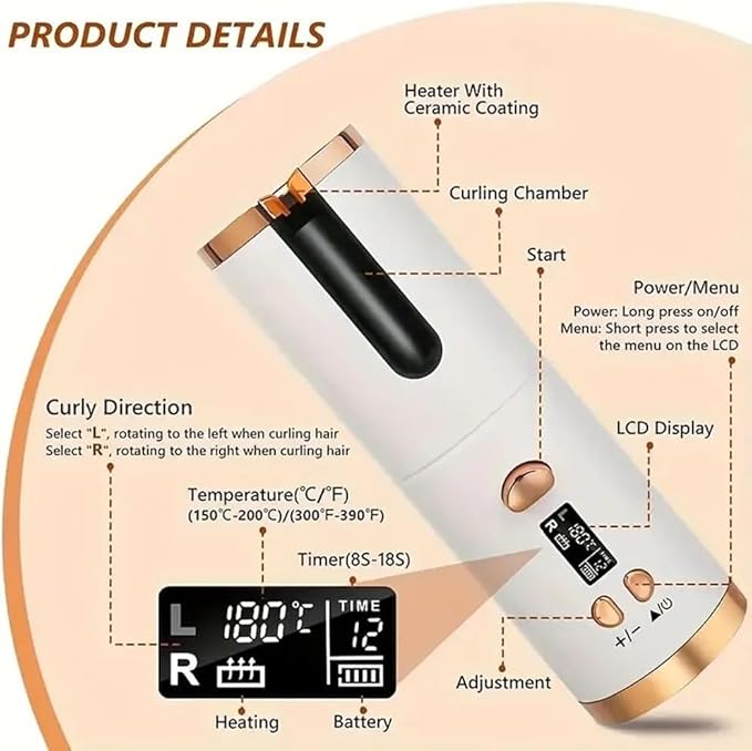 Automatic Curling Iron 3/4 inch Barrel Cordless Automatic Curling Iron 5200mAh USB Rechargeable Auto Hair Curler for Long Hair Ceramic Travel Curling Wand Auto Shut-Off &amp Anti-Tangle Design