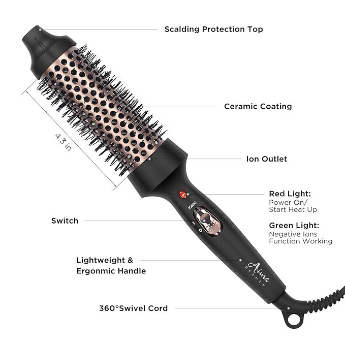 Aima Beauty Hot Brush 1.3/35mm Heated Curling Brush Ion Hair Care Thermal Round Brush Makes Hair Smoother &amp Softer Create Voluminous Curls Effortlessly Dual Voltage 60Mins Auto-Off Black
