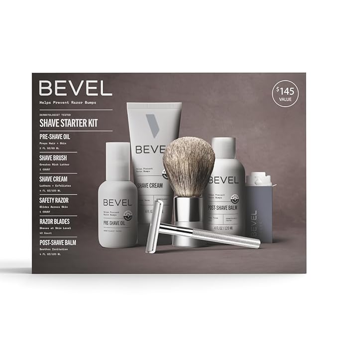 Bevel Shaving Kit for Men Includes Safety Razor with 40 Replacement Blades Luxury Shaving Brush Pre Shave Oil Shave Cream and Balm (Packaging May Vary)