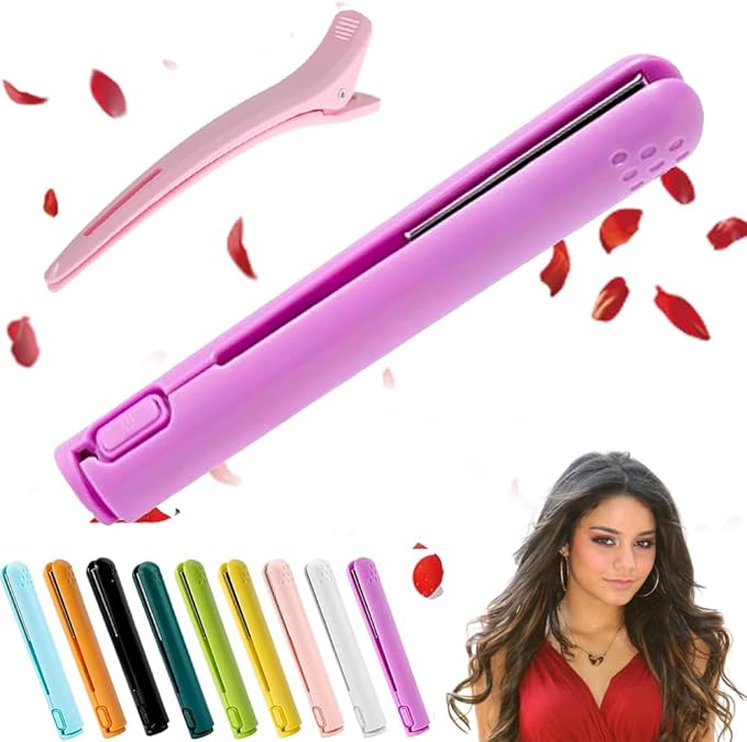 Mini Dual-Purpose Curling Iron for Short Hair 2 in 1 Hair Straightener and Curler Small Hair Straightener Travel USB Curling Wand (Purple)