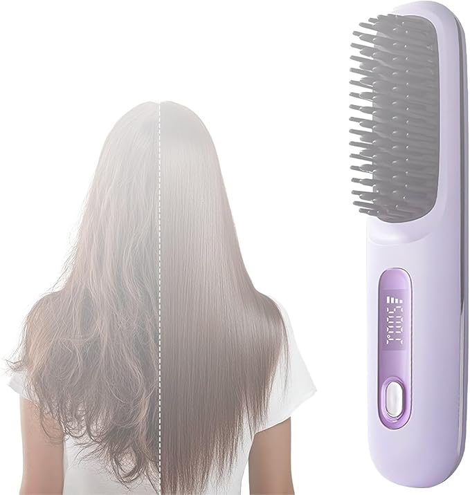 Cordless Hair Straightener Brush with LCD Temper Ature Display Rechargeable Heating 3 Adjustable Temperature Settings Portable Hair Straightener(Purple)
