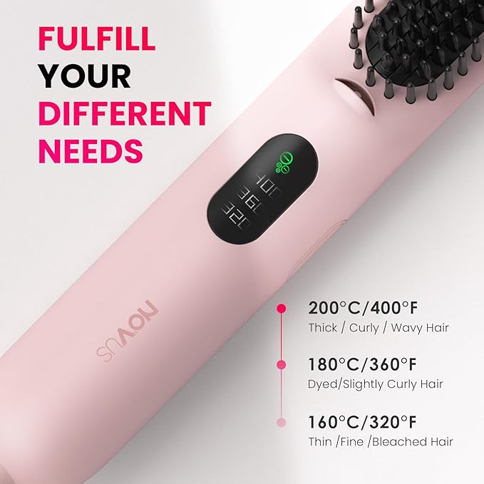 Hair Brush: 1 Inch Brush for Curly Hair with Anti-Scald Bristles Straightening Comb with Negative Iron for Women - 3 Temp Settings &amp LED Display (Pink)