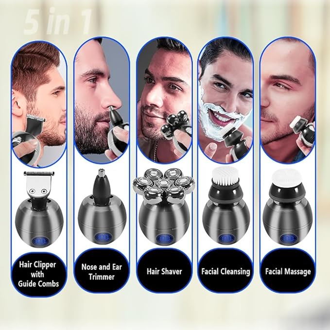 Head Shaver for Men 5 in 1 Men Grooming Kit Wet Dry Electric Shaver Beard Hair Trimmer Electric Razor Rechargeable Bald Head Shaving Machine LCD Display