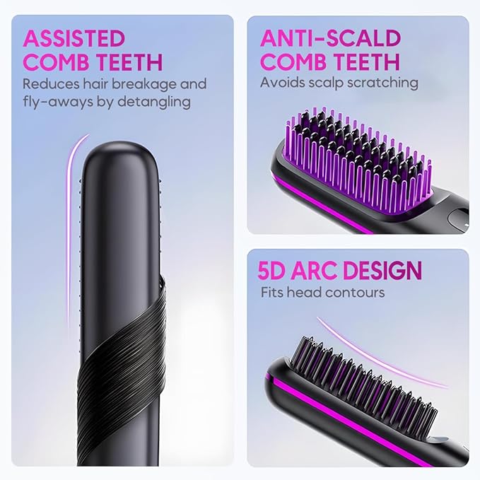 2026 Upgraded Cordless Hair Straightener Brush Portable Straightener Brush with LCD Temperature Display Fast Heating Hair Straightener Brush for Daily Use and Travel (Pink)