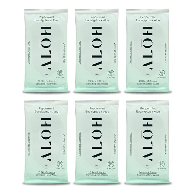 ALŌH Peppermint Eucalyptus Sanitizing Hand Wipes - Clean Hands Clear Mind On The Go Sanitizer for Kids and Adults - Travel Size 6 packs of 20ct Wipe (120 Wipes)
