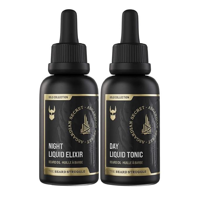 The Beard Struggle Tonic + Elixir Beard Oil Bundle - Gold Collection - Grooming Beard Oil - Softens Moisturizers and Strengthens Beard Growth - Pack of 2 Asgardian Secret