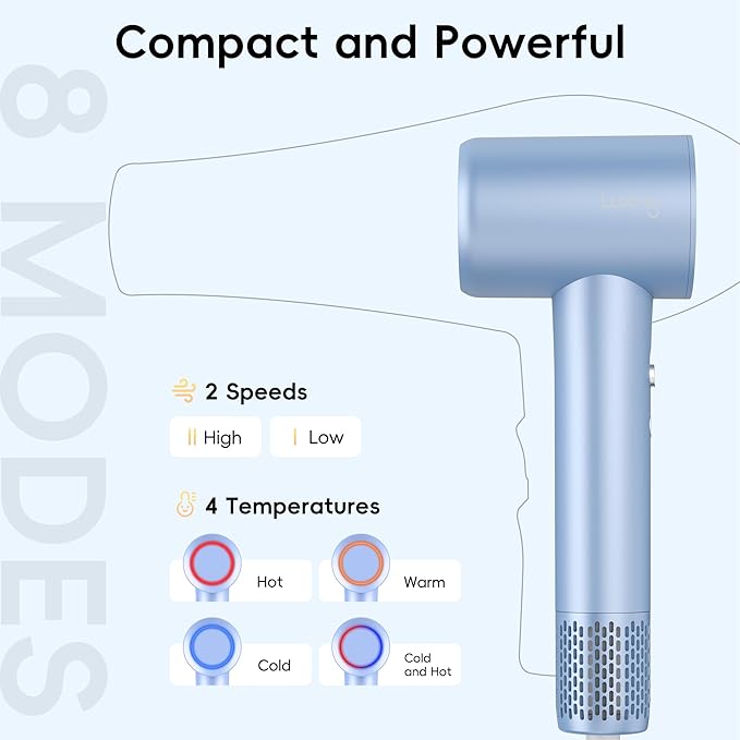 Hair Dryer TurboLux Ionic 200 Million Negative Ions 1500W Fast Drying High Speed Hairdryer with Diffuser Lightweight Low Noise Hair Dryers for Women with 110000 RPM Brushless Motor (Steel Blue)