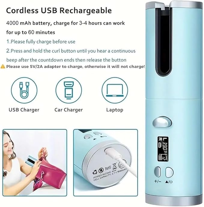 Automatic Curling Iron 3/4 inch Barrel Cordless Automatic Curling Iron 5200mAh USB Rechargeable Auto Hair Curler for Long Hair Ceramic Travel Curling Wand Auto Shut-Off &amp Anti-Tangle Design