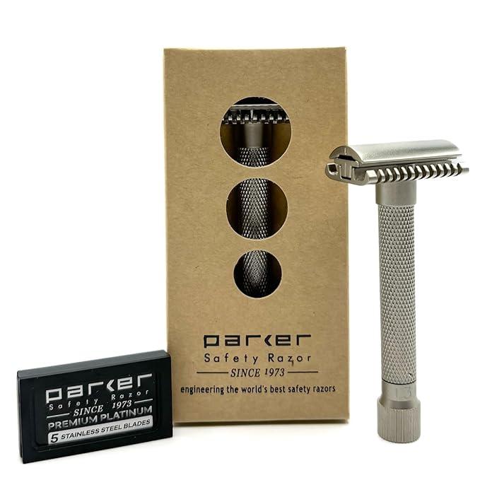 The Parker VARIANT OPEN COMB - ADJUSTABLE Double Edge Safety Razor Customize your Shave with a Turn of the Dial from Mild to Aggressive - 5 Blades Included (SATIN CHROME)