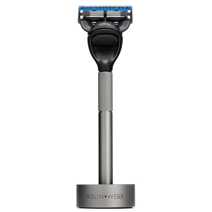 Bolin Webb Generation Razor &amp Stand - Luxury Razors for Men with Gillette Fusion 5 Blades Premium Aluminum Shaving Razor for Smooth Irritation-Free Shave Ideal Gift &amp Daily Grooming Set (Gr