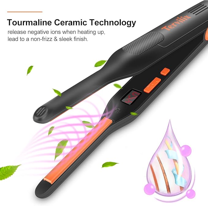 Terviiix Small Flat Iron for Short Hair Temperature Adjustable Pencil Flat Iron Fast Heat Up 3/10 Inch Beard Straightening Iron Dual Voltage with Tourmaline Ceramic Plates Auto Shut Off