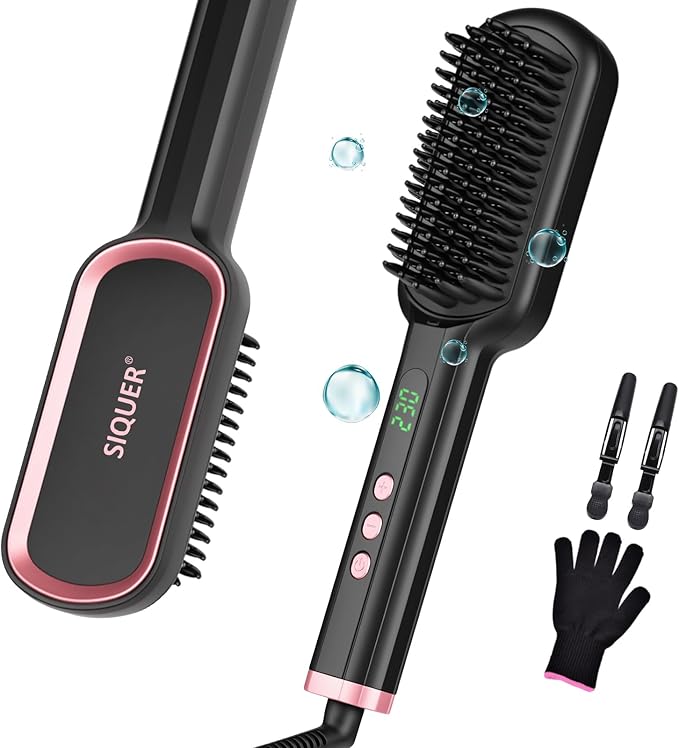 Hair Straightener Brush - SIQUER Ionic Hair Straightening Brush with 13 Temps LCD Display 45s Fast Heating 60mins Auto-Off Anti-Scald Ceramic Hair Straightener Comb for Home Salon Black