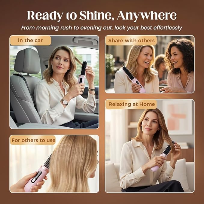 2026 New Hair Straightener Brush Cordless Hair Straightener Brush for Short Hair Mini Portable Straightening Hair Comb with 4 LCD Temperature Display Fast Heating for Women Travel Essential (Green)
