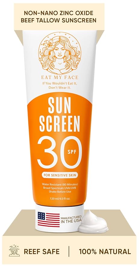 Eat My Face Tinted Beef Tallow Sunscreen SPF 30 – No White Cast Natural Glow | Reef Safe Mineral Zinc Oxide | Water Resistant Sun Protection for Face &amp Body 4 oz