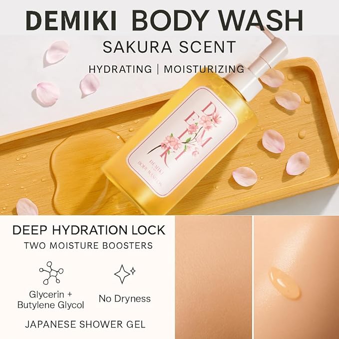 DEMIKI Body Wash Women Shower Gel for Dry and Sensitive Skin-Moisturizing shower gel with Japanese Sakura ScentShower Gel of Sulfate FreeParaben Free pH Balanced Body Wash Natural Bodywash 10fl.oz