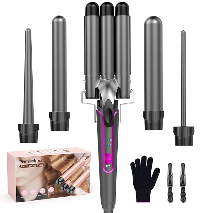 BESTOPE PRO 5 in 1 Curling Wand Set - 3 Barrel Hair Crimper Fast Heating Ceramic Curling Iron - Gray