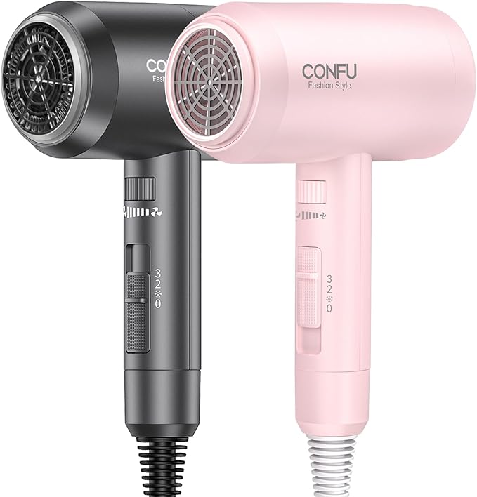 CONFU Ionic Blow Dryer 1600W Portable Lightweight Fast Drying Negative Ion Hairdryer Blowdryer 3 Heat Settings &amp Infinity Speed with Diffuser and Concentrator Nozzle for Home &amp Travel