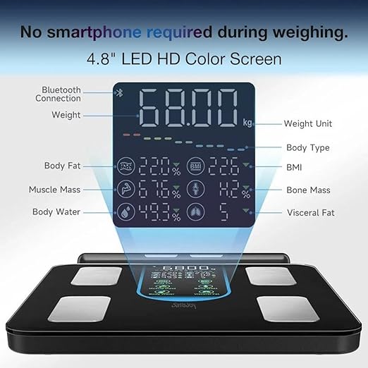 8-Electrode Smart Scale for Body Weight Segmental Body Composition Analyzer with Retractable Handle 4.8 LED Color Screen Bluetooth App Sync 400lbs