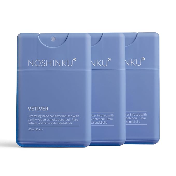 Noshinku - Refillable Hand Sanitizer Vetiver 3-Pack Travel Size Spray with Hydrating Botanical Oils Natural Ingredients All Natural Fragrances Sugarcane Derived Alcohol No Parabens No Dyes