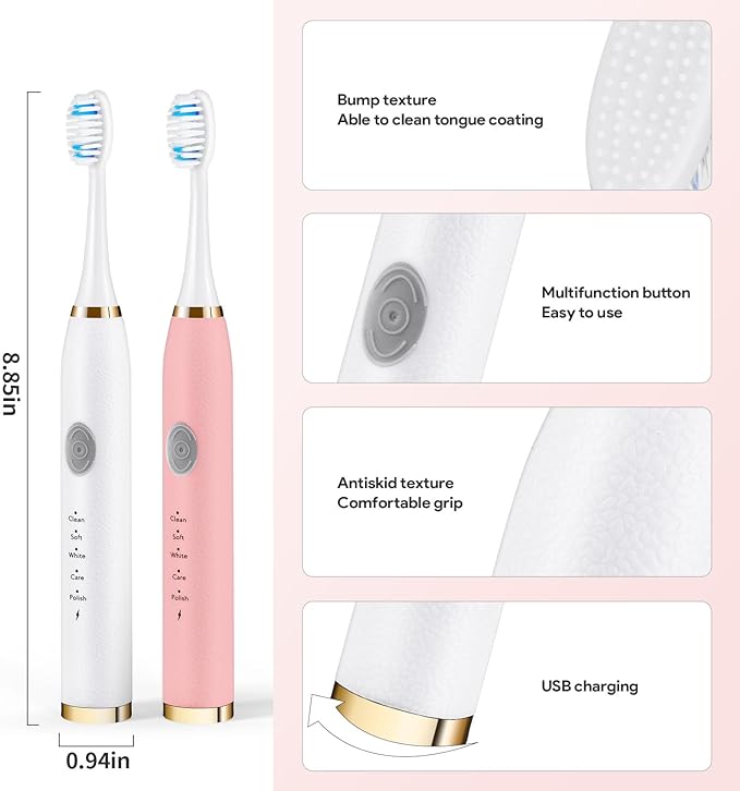 Dnil 2-Pack Sonic Electric Toothbrushes for Adults Rechargeable with Long-Lasting Battery 35000 VPM High-Speed Cleaning Includes 10 Brush Heads &amp 5 Custom Modes (White &amp Pink)