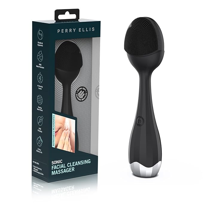 Perry Ellis 4-Speed Facial Cleansing Brush for Men Silicone Face Scrubber &amp Exfoliating Tool with Cooling Plate IPX6 Waterproof Electric Face Cleanser USB Rechargeable 5-Hour Battery