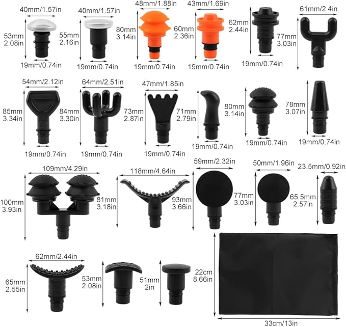 Massage Gu-n Attachments 20pcs Relaxation Massager Heads with 2pcs Drawstring Bag Different Massager Heads to Meet Different Needs for Deep Tissue Percussion Plug and Play(Black)