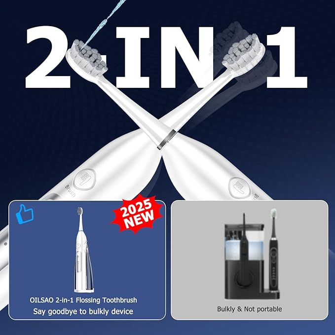 Electric Toothbrush with Water Flosser 3 Sonic Modes 5 Flossing Speeds with 3 Brushes + 1 Nozzle Portable Flossing Toothbrush Combo for Adults Teeth Cleaning Kit for Plaque RemovalWhite