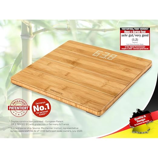 Soehnle Style Sense Bamboo Magic Digital Bathroom Scales Weight up to 180 kg in 100 gram Increments Display Visible When On Scales Including Batteries Personal Scales