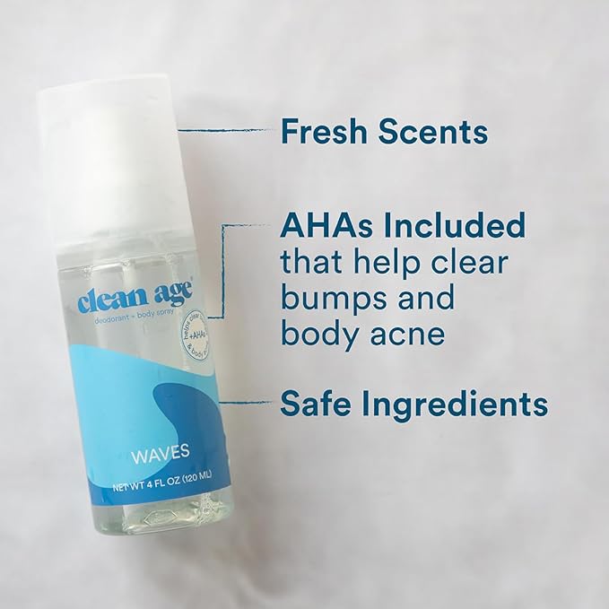 Aluminum Free Deodorant &amp Body Spray for Whole Body Bundle - Waves Scent - Clean Deodorant for Teen Boys and Girls - With AHA For Body Acne