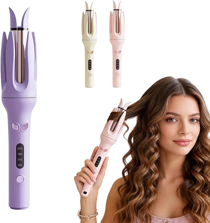 Automatic Hair Curler Auto Rotating Curling Iron with 3 Temp Settings Anti-Scald &amp Anti-Tangle Ceramic Barrel Fast Heating Portable Hair Waver for Travel (Purple)