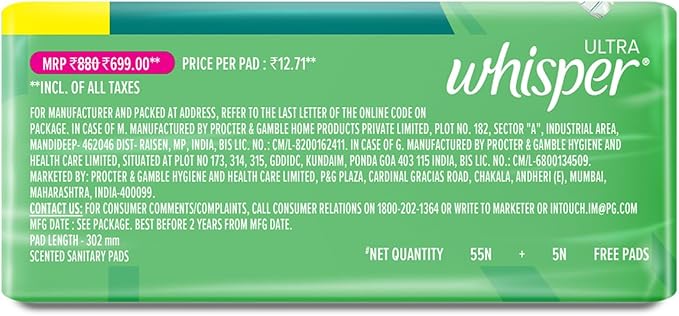 Whisper Ultra Clean Sanitary Pads for Women XL Plus Pack of 60 Napkins