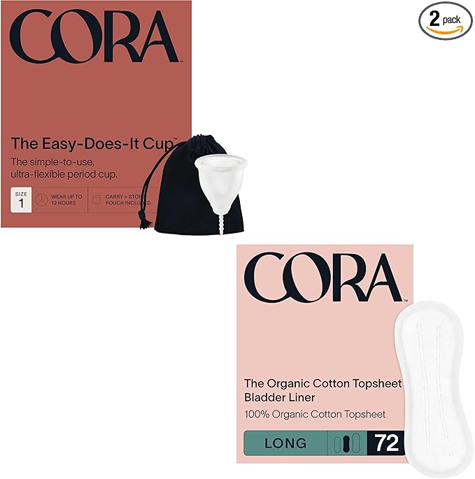 Cora Organic Feminine Care | Menstrual Period Cup (Size 1) and 72 Long Bladder Liners | Incontinence &amp Postpartum Pads | Eco-Conscious | Bundle Pack