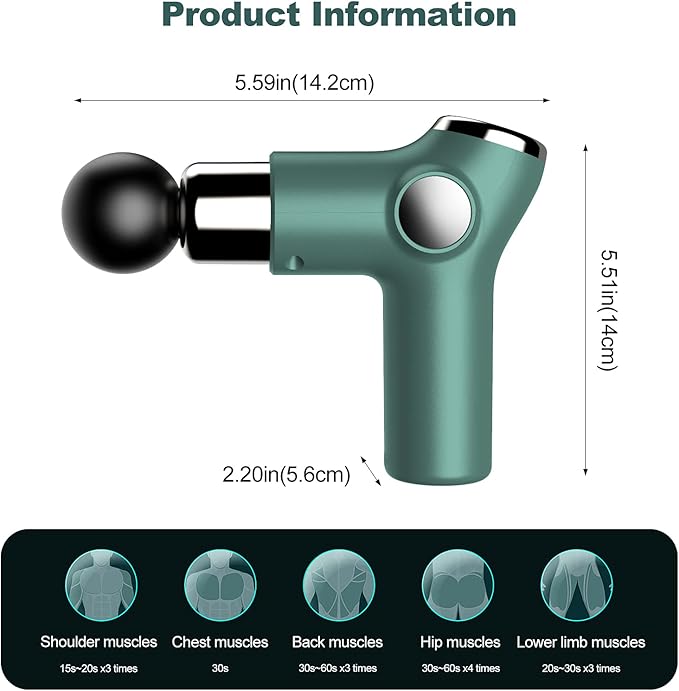 Ergocar Powerful Muscle Massage Gun Deep Tissue 6 Speeds Handheld Electric Body Massager with 4 Heads Super Quiet Portable for Athletes Sedentary Office Worker Touch Screen-Green