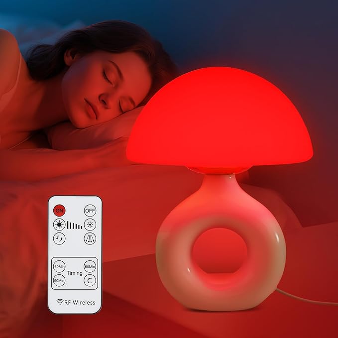 Mushroom Red Light Lamp for Sleep 670nm Deep Sleep Red Night Light - 4 Color and 5 Dimmable Remote Control with 30-90min Timer Bedroom LED Nightstand Lamp Glass Shade White Ceramic Base